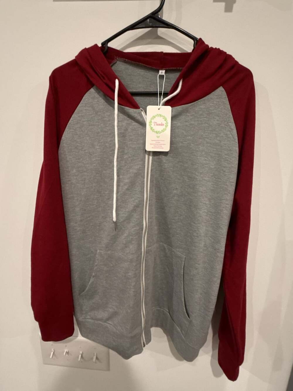 Red and Gray Raglan Full Zip Hoodie with Drawstring